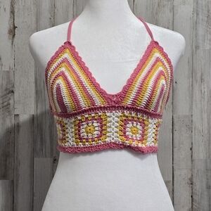 Princess Polly Daisy Girl Pink Yellow White Crochet Tie Back Crop Top Size S/M